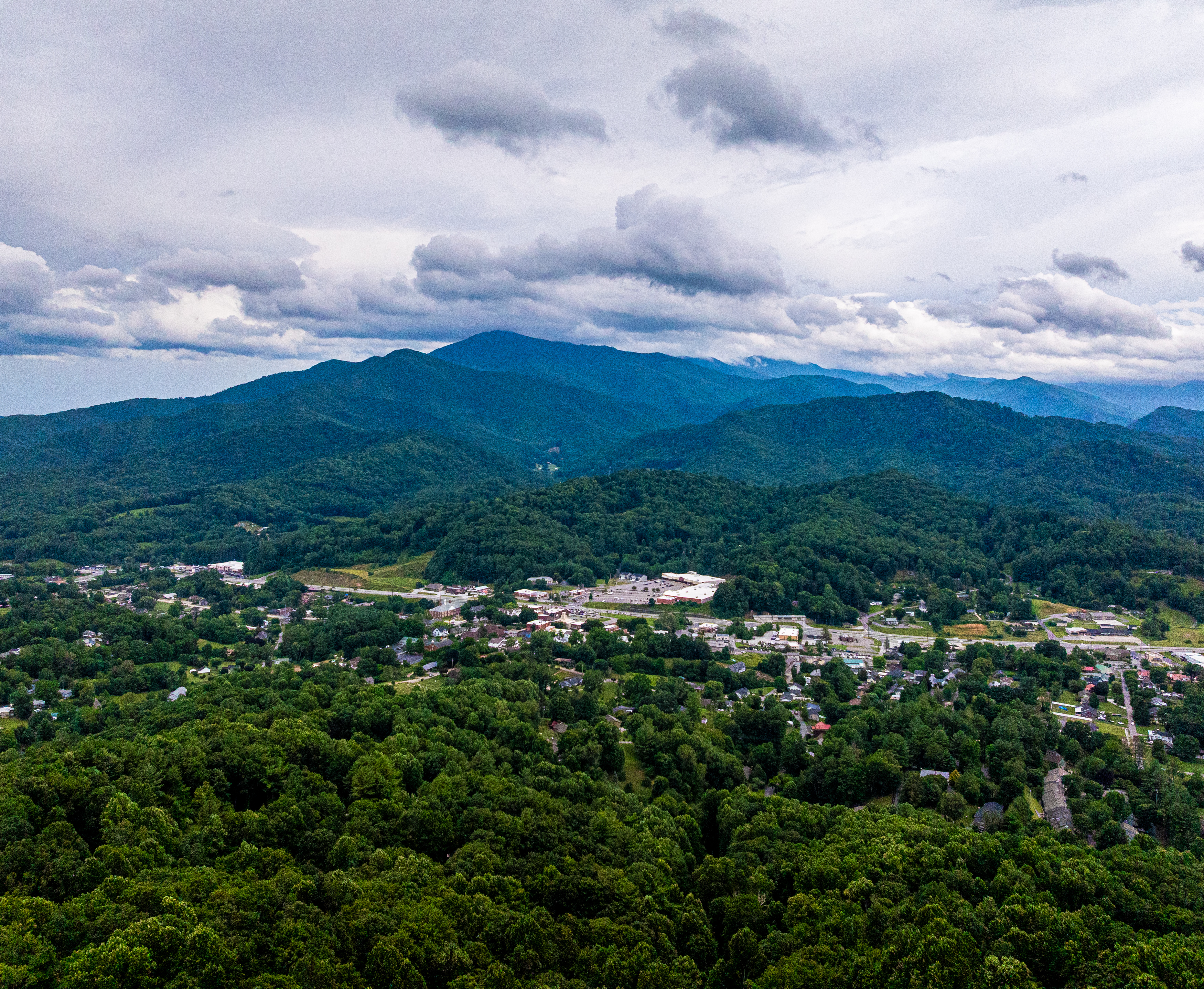 Drone view of Burnsville, NC.