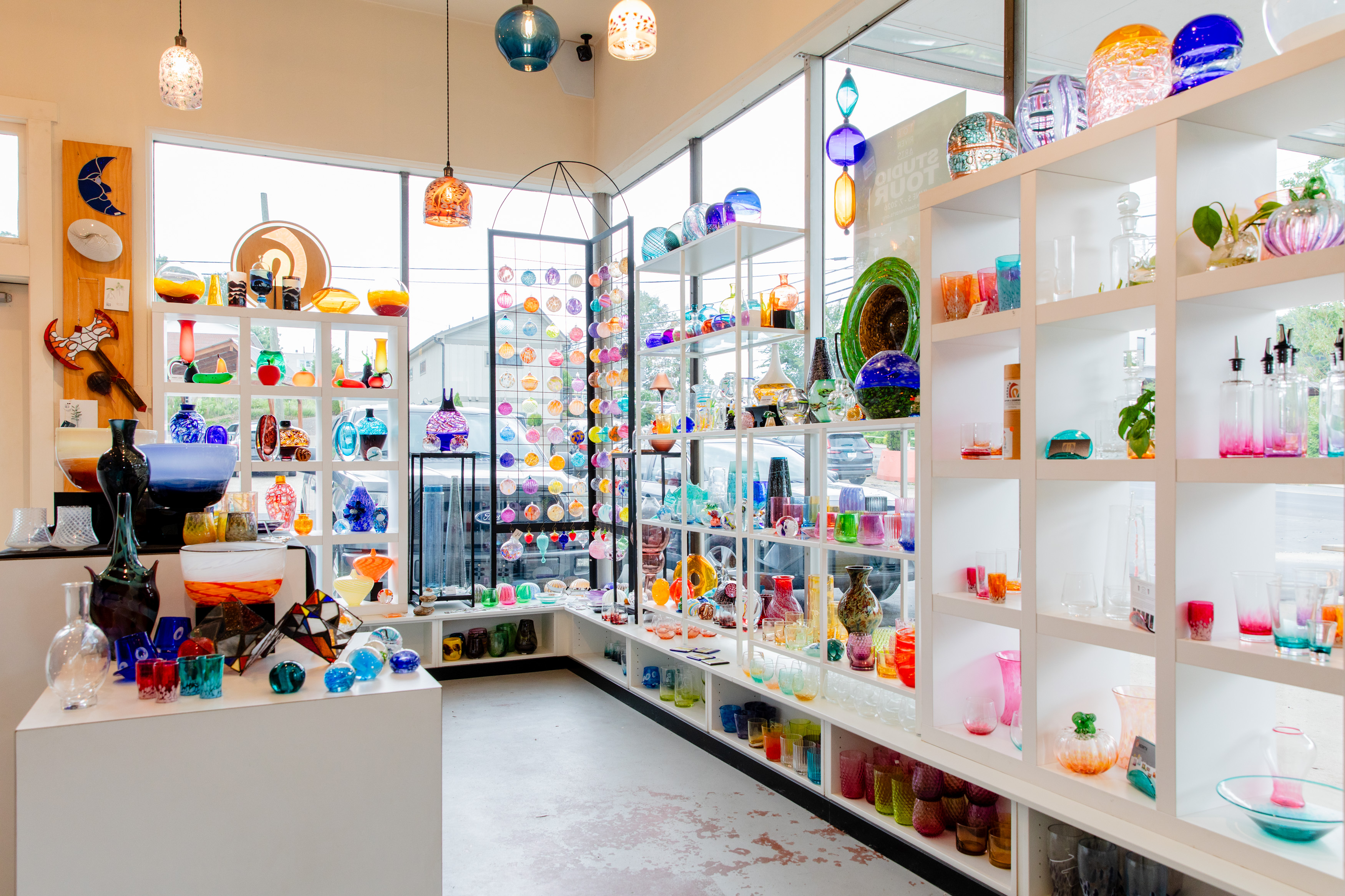The shop at Hearth Glass is filled with color pieces from artists throughout the region.