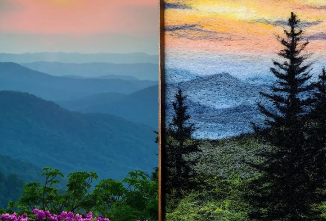 On the right: an image of the Blue Ridge Mountains. On the left: a needle-felted version of the image.