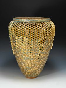 Patti Quinn Hill, Cascading Gold; 100% cotton archival paper, acrylic paint, Washi paper, metal leaf, wood base, metallic thread