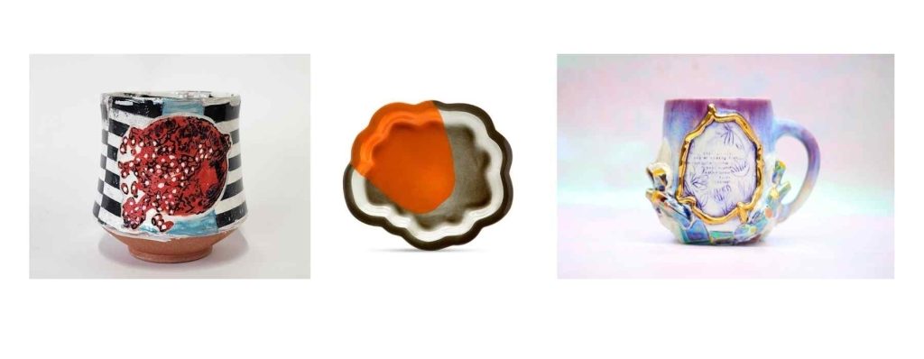 Clay Symposium at The Bascom - three pieces of colorful pottery