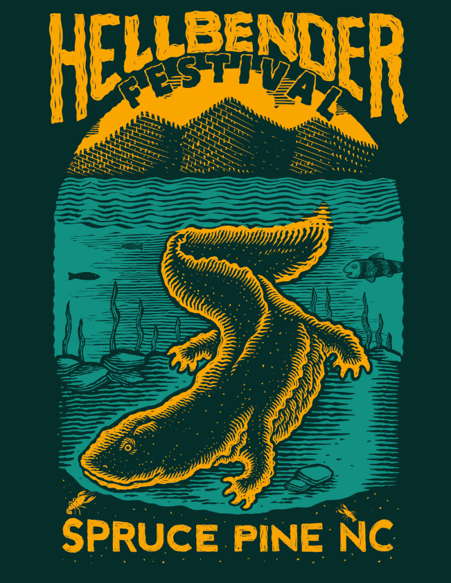 Hellbender Festival in Spruce Pine, NC.--green illustration of a hellbender in a blue river with yellow font.
