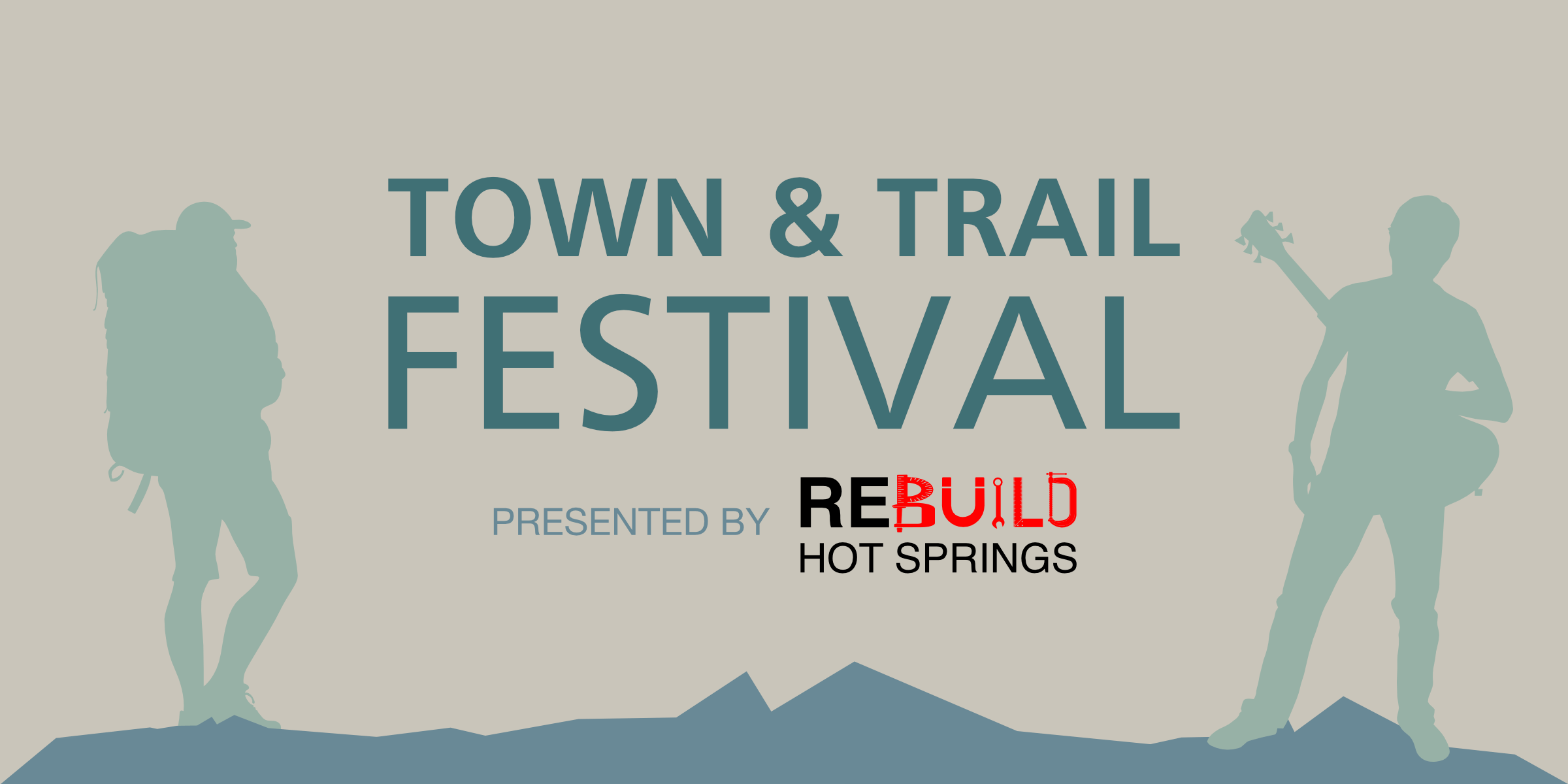 Town and Trail Festival logo. Silhouette of a backpacker and a guitar player.