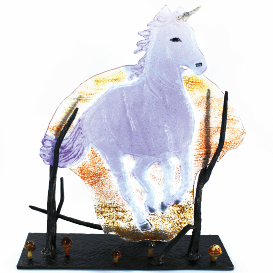 Image shows a glass art piece depicting a unicorn galloping.