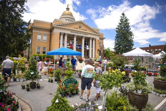 Visitors stand in front of the Hendersonville Courthouse while admiring plants at the annual Garden Jubilee.