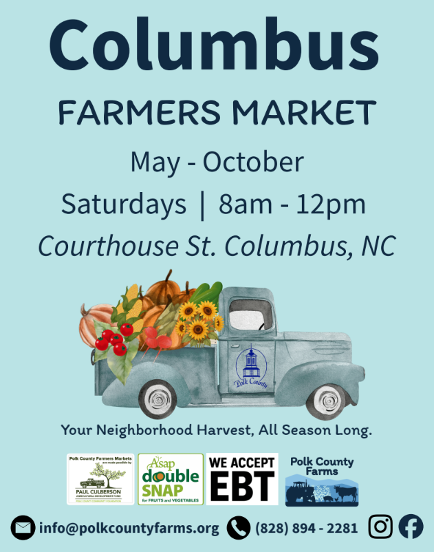 Columbus Farmers Market Every Saturday, May through October 8am-12pm Illustration of a blue truck filled with local produce.