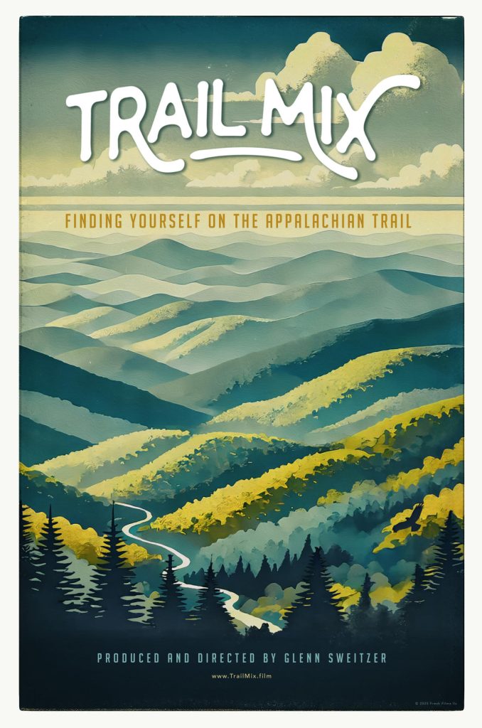 Trail Mix: Finding Yourself on the Appalachian Trail. Illustration depicts the blue ridge mountains with trees and clouds.