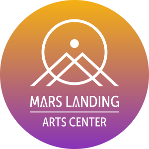 Mars Landing Arts Center logo. An ombre circle with yellow, orange, and purple colors fading, along with a white detailed mountain and white lettering of the gallery's name.