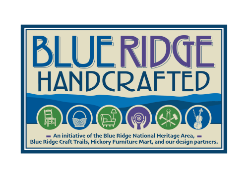 Blue Ridge Handcrafted logo includes illustrated blue mountains in the background and six icons in the foreground representing craft and design. Icons include a chair, basket, armchair and lamp, pottery with hands, metalsmithing tools, and a fiddle. Text: Blue Ridge Handcrafted: An initiative of the Blue Ridge National Heritage Area, Blue Ridge Craft Trails, Hickory Furniture Mart, and our design partners.