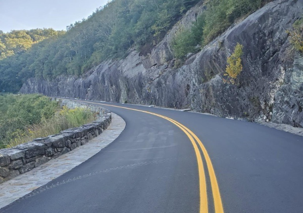 Newly reconstructed section of the Blue Ridge Parkway near milepost 242 in Alleghany County, NC.